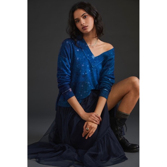 LAST CALL Anthropologie Pilcro V-Neck Navy Star Print Cashmere Sweater NWT XS/S - Picture 11 of 11